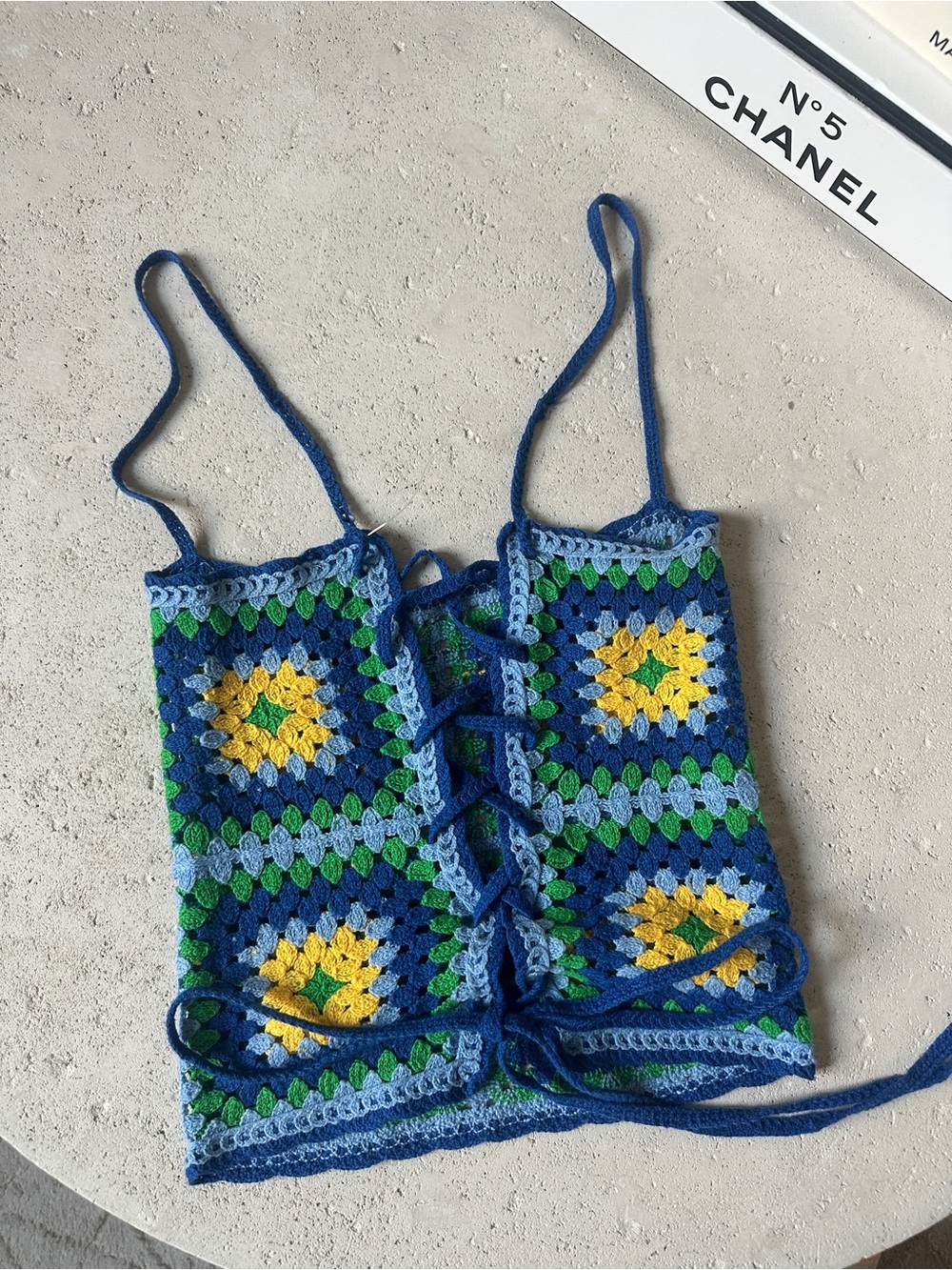 ZARA blue crochet knit crop top multicolored lace tie back M cottagecore boho - Picture 8 of 9